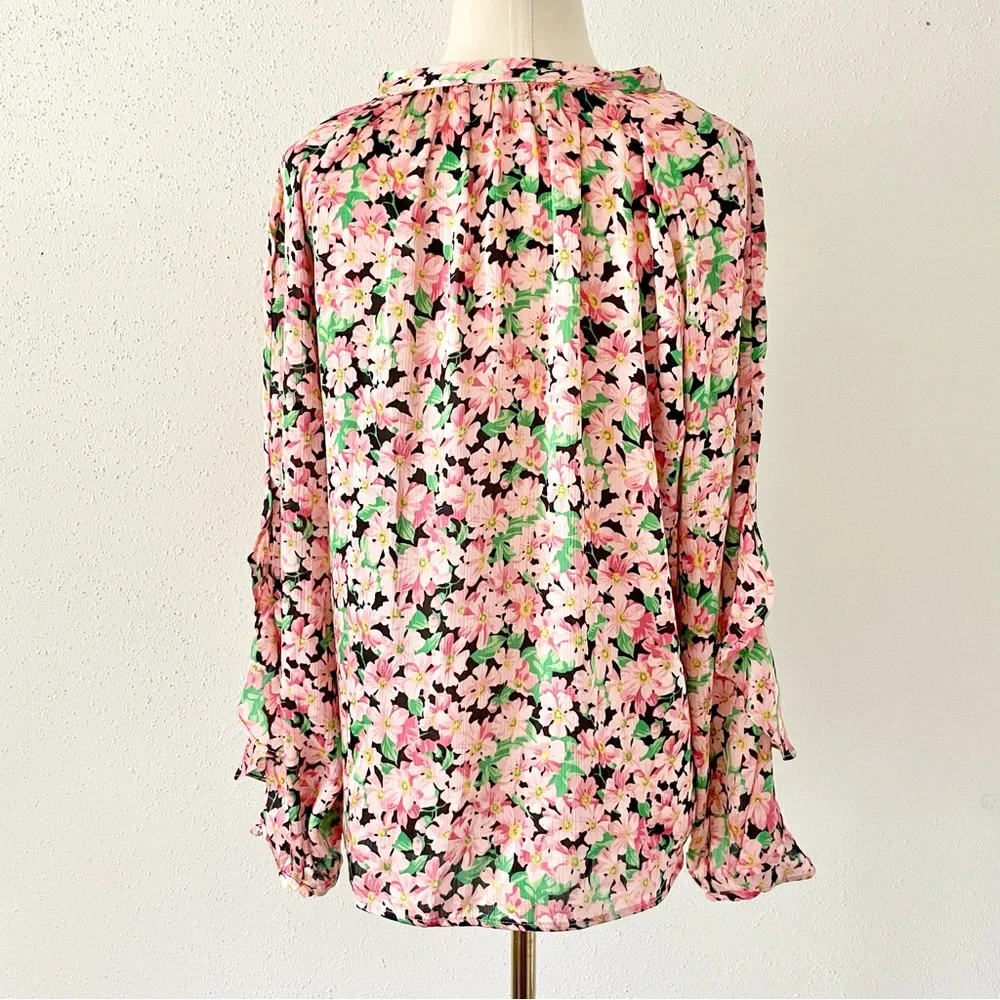 ZARA Women's Size Medium Pink Floral Long Sleeve V-Neck Ruffle Loose Blouse Top - Picture 6 of 11